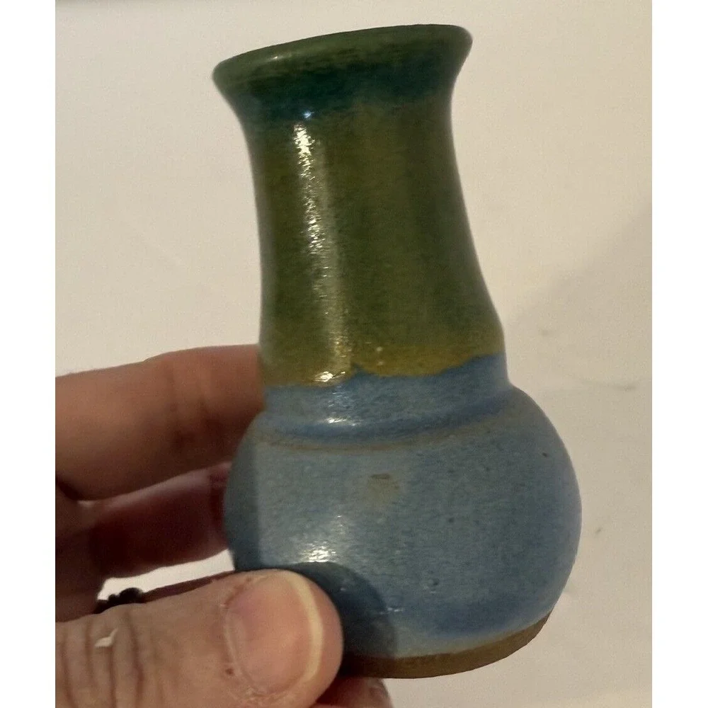 Small Studio Art Pottery Bud Vase Lot of 2 Blue Green & Brown-Signed-Approx.3